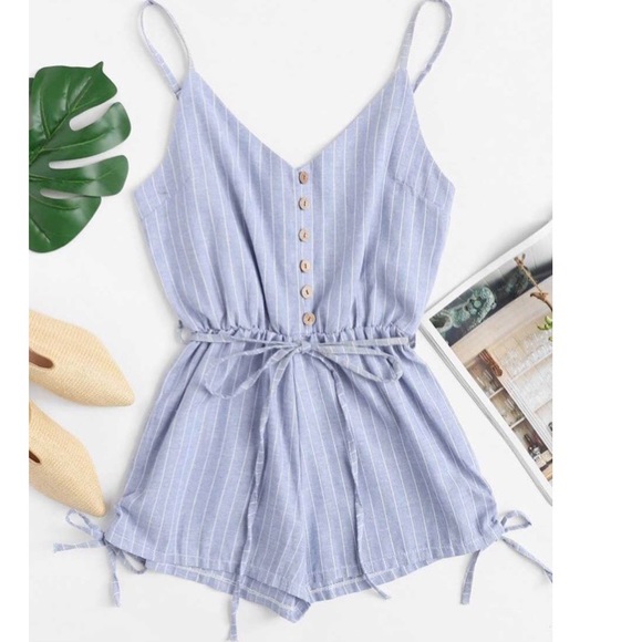 ROMWE Pants - Blue and White Stripped Button Romper